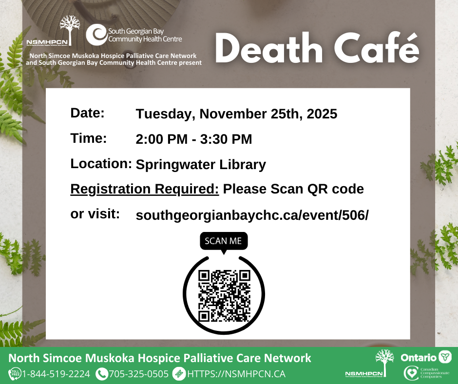 Death Cafe taking place on November 25th at 2:00 pm at the Springwater Library.